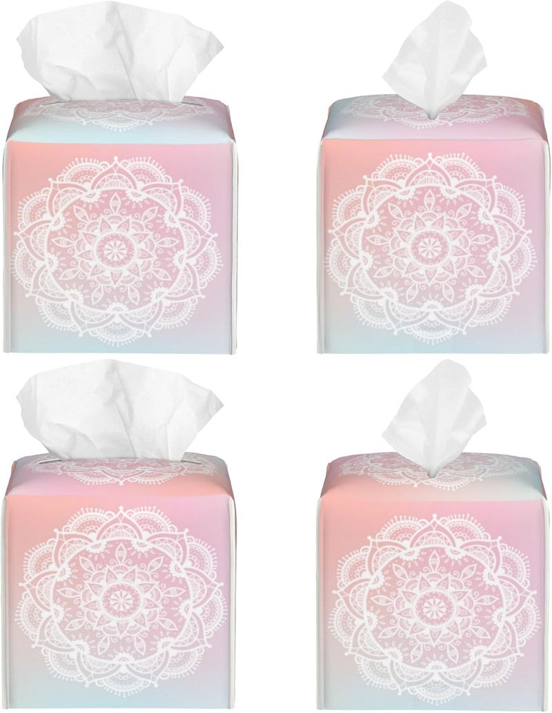 sndheke Pink Boho Mandala Flower Tissue Box Cover Square,Abstract Mandala Floral Tissue Box Holder Waterproof Leather Facial Paper Organizer Dispenser for Bathroom Home Car Nightstand Vanity Desk - Image 2
